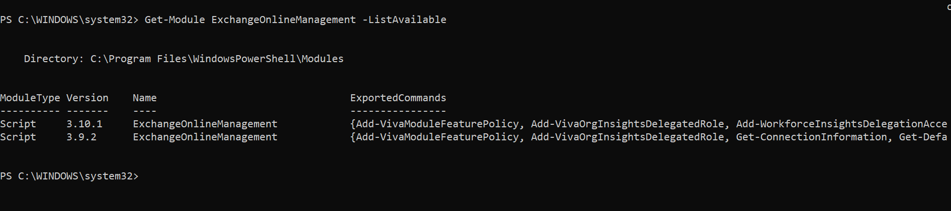 Exchange Online Module Output