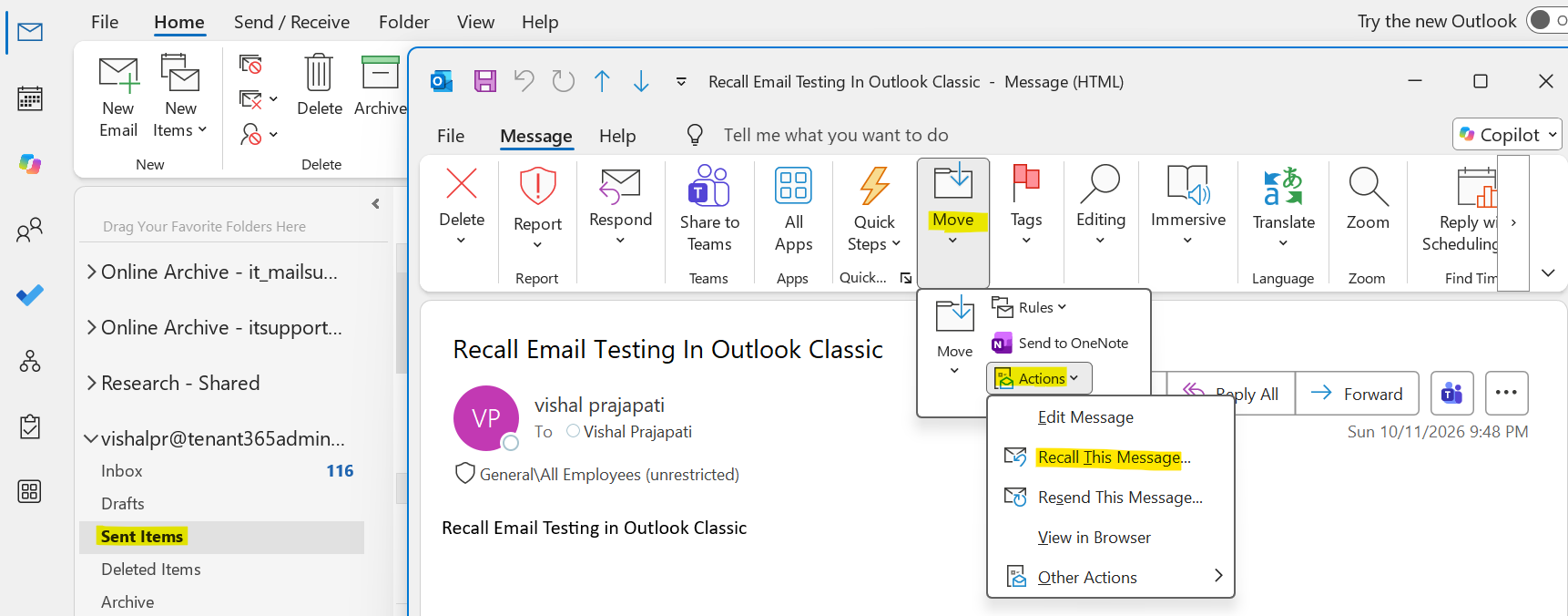 Recall mail in outlook classic